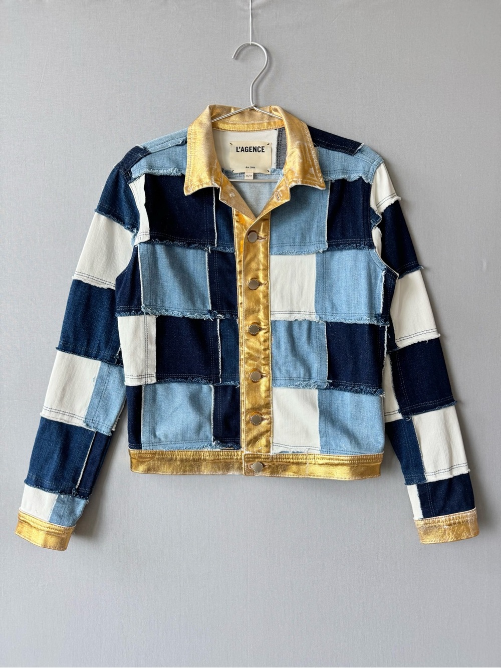L'AGENCE Patchwork Denim Jacket with Painted Gold Trim - Rare Statement Jacket